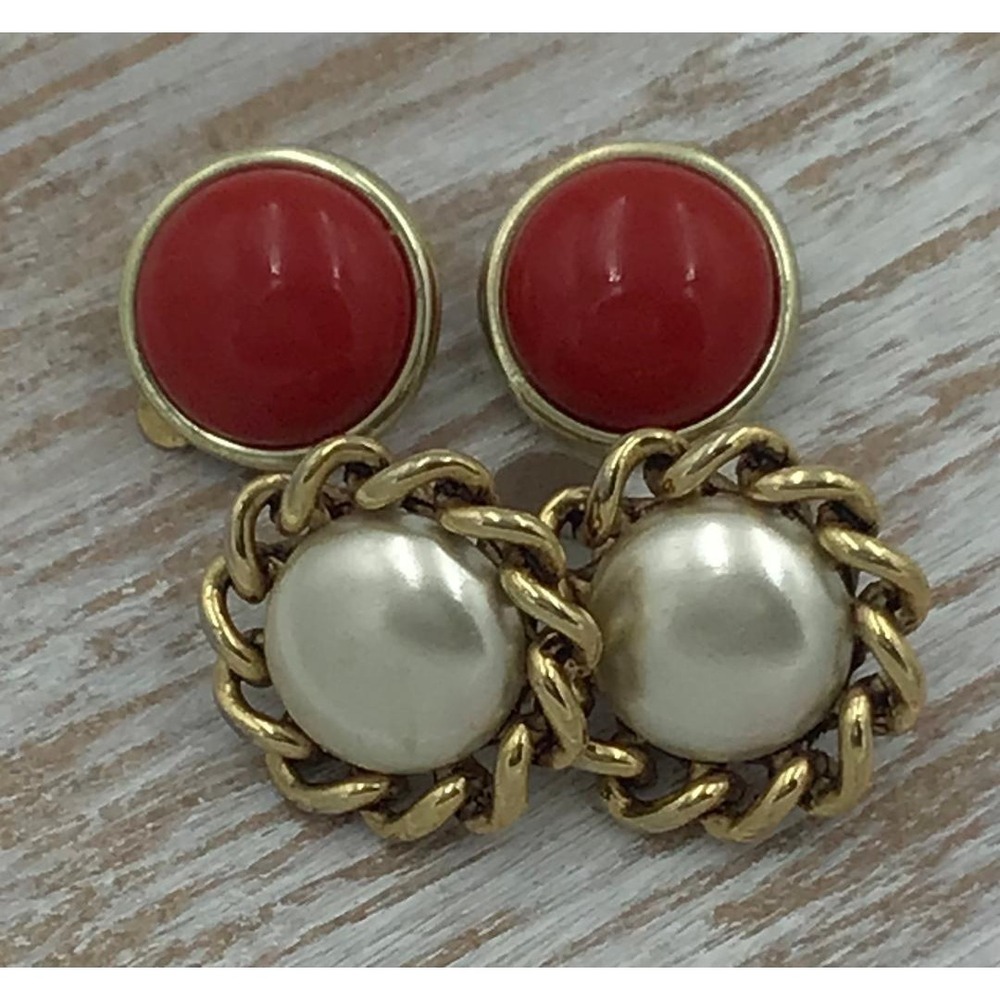 Vintage Clip On Earrings Bundle Red Cabochon Gold Tone Faux Pearl Rope Border
